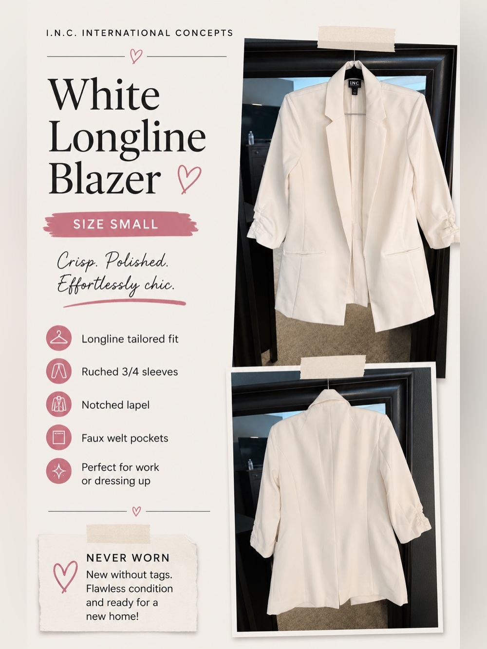 INC White Longline Blazer | Ruched Sleeves | Size S | Never Worn